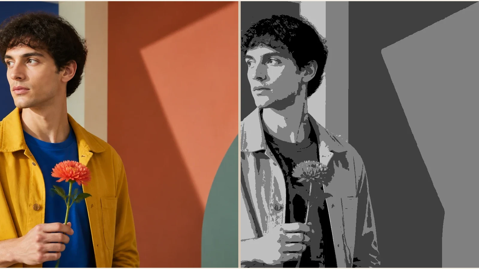 Original color photo compared with a grayscale posterized image